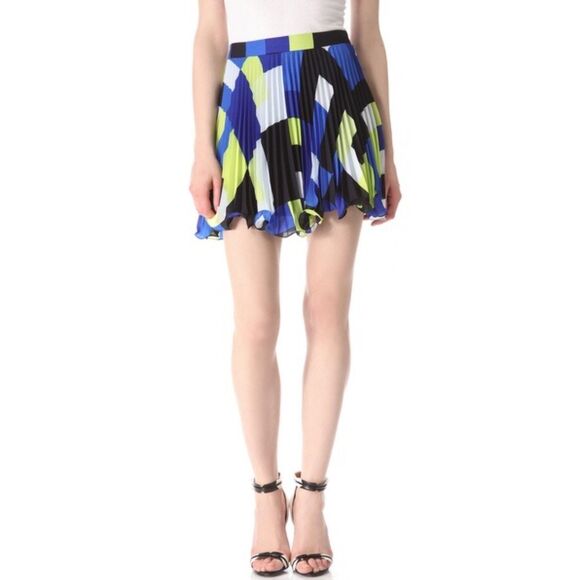 Vintage Milly of New York Geometric Pleated Mini Skirt Blue Green Black Sz 6 USA - Picture 1 of 9